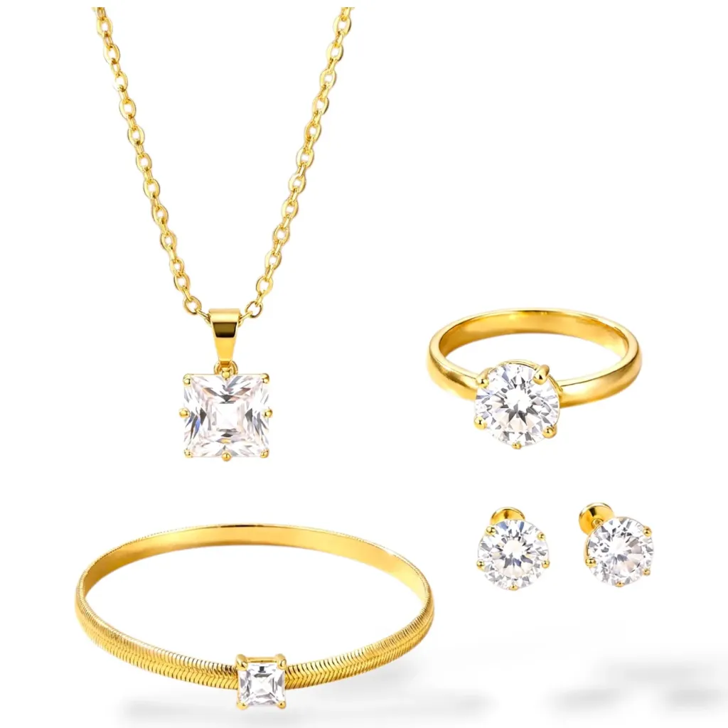 طقم إكسسوارات حريمي – خاتم + إسورة + حلق + سلسلة – تصميم عصري أنيق – مناسب لجميع الإطلالات اليومية والحفلات